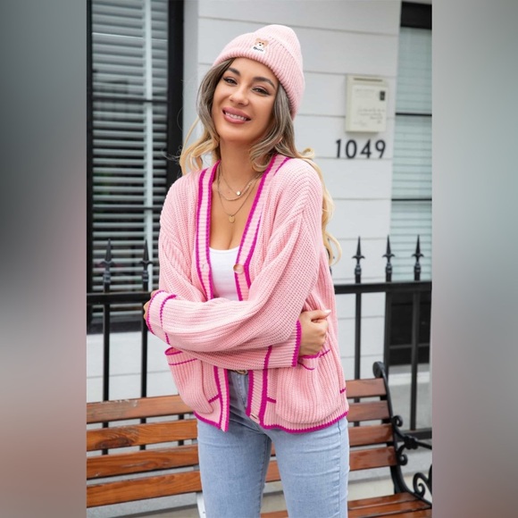 Waffle Knit V-Neck Cardigan with Pocket - Picture 3 of 12